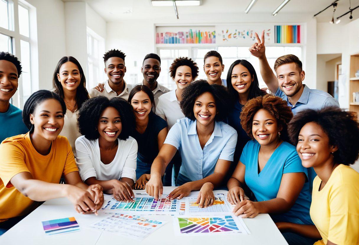 A diverse group of people joyfully collaborating in a modern community center, surrounded by symbols of successful asset recovery like keys, buildings, and charts. The scene radiates positivity and teamwork, with vibrant colors representing unity and success. Include elements like hands shaking and smiling faces to emphasize a warm community atmosphere. super-realistic. vibrant colors. white background.