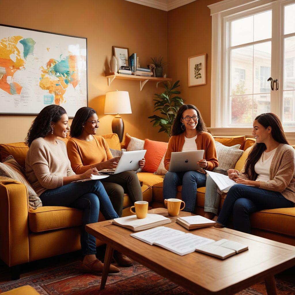 A diverse group of people from different backgrounds and ages sitting together in a bright, inviting living room, sharing ideas and support over financial documents. Infuse the scene with warm lighting to create a sense of hope and collaboration. Include elements such as charts, laptops, and cups of coffee to represent financial discussions. The atmosphere should feel uplifting and empowering. super-realistic. vibrant colors. cozy setting.