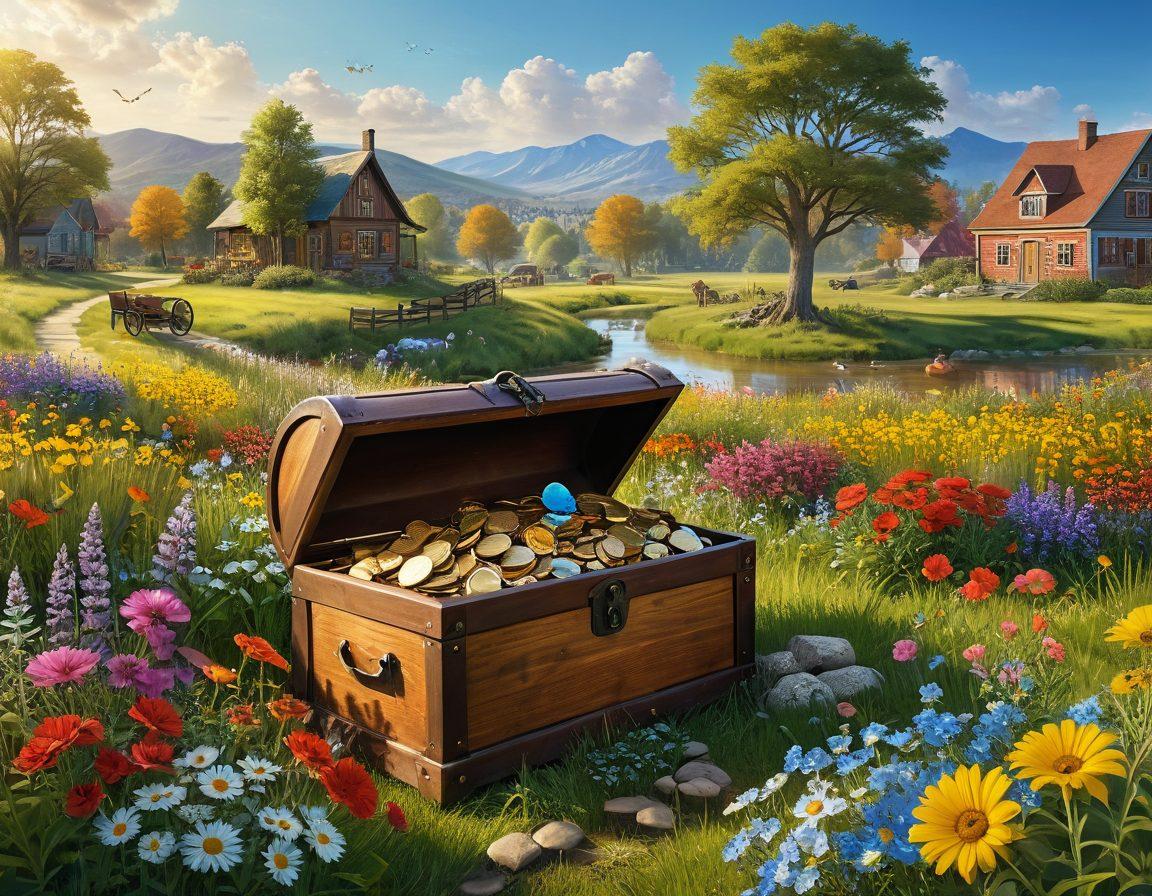 A serene landscape featuring a sunlit meadow with people joyfully engaging in community activities, such as gardening and sharing stories. In the foreground, a treasure chest overflowing with golden coins and forgotten items symbolizes recovered assets. Bright and cheerful imagery, with colorful flowers blooming around, conveys a sense of happiness and community spirit. super-realistic. vibrant colors. warm lighting.